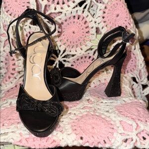 GUESS Black Beaded Bow Ankle-Strap Platform Heels